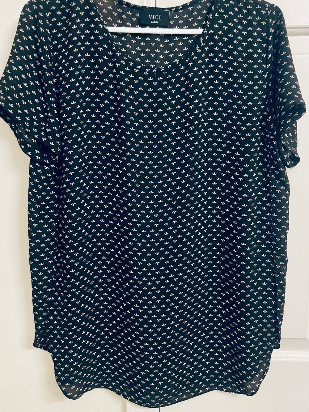 VICI Black Short Sleeve Blouse with White Micro Print & Side Slits